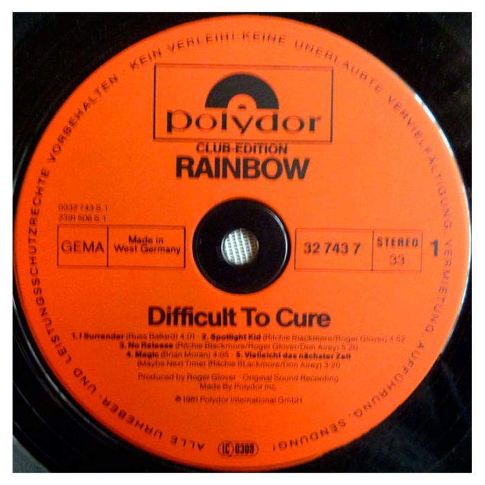 Виниловая пластинка RAINBOW ‎– Difficult To Cure, 1981 (LP, Club Edition)