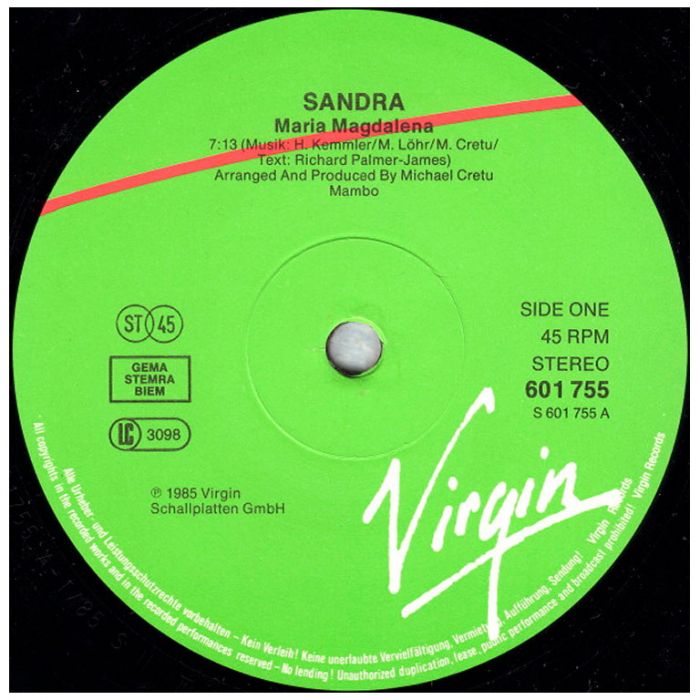 Виниловая пластинка SANDRA ‎– (I'll Never Be) Maria Magdalena, 1985 (EP, Maxi-Single)