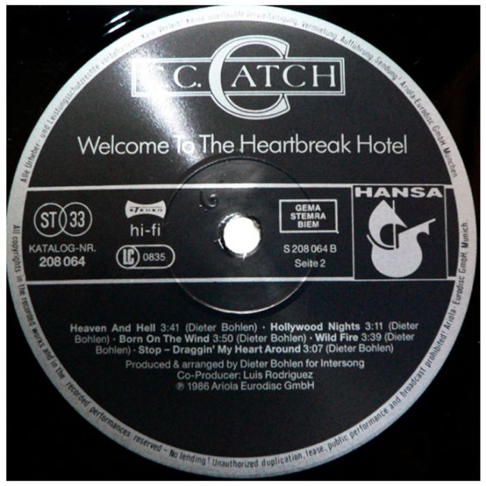 Виниловая пластинка C.C.CATCH ‎– Welcome To The Heartbreak Hotel, 1986 (LP)