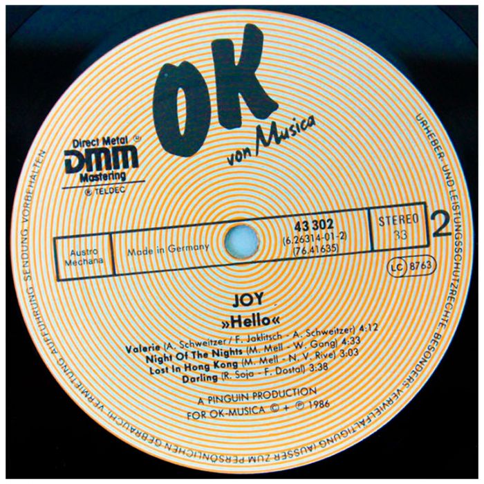Виниловая пластинка JOY ‎– Hello, 1986 (LP, Rare Original Austrian Club Edition)