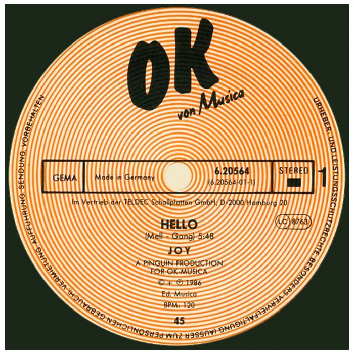 Виниловая пластинка JOY ‎– Hello (Extended Special Dance Mix), 1986 (EP, Maxi-Single)