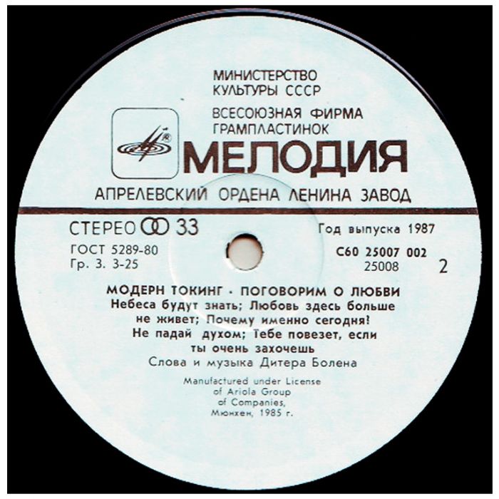 Виниловая пластинка MODERN TALKING ‎– Модерн Токинг ‎– Поговорим О Любви, 1987 (LP)